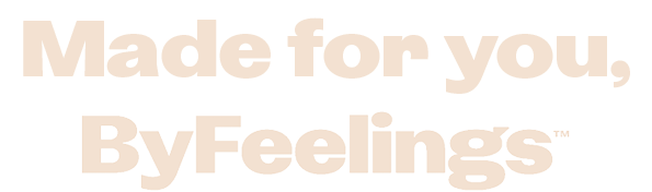 Brand name 'ByFeelings' with tagline "Made for you" in warm beige text on a transparent background